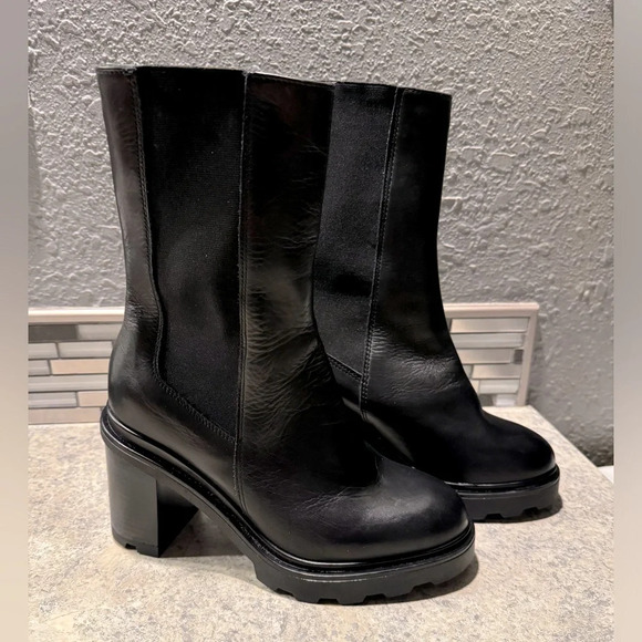 Annabella Shoes - Annabella Black Leather Mid Calf Chunky Y2K Boots Size 7.5/38